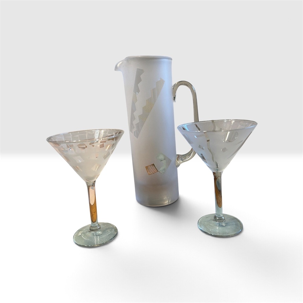 Robert McCandless Art Glass Martini Set 3pc Frosted Geometric Signed